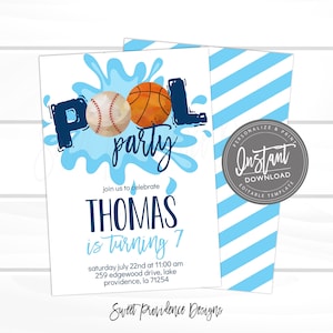 Baseball Birthday Invitation, Basketball Pool Party, Editable team party, Boy Sports Summer Birthday Invite, Printable Instant Access