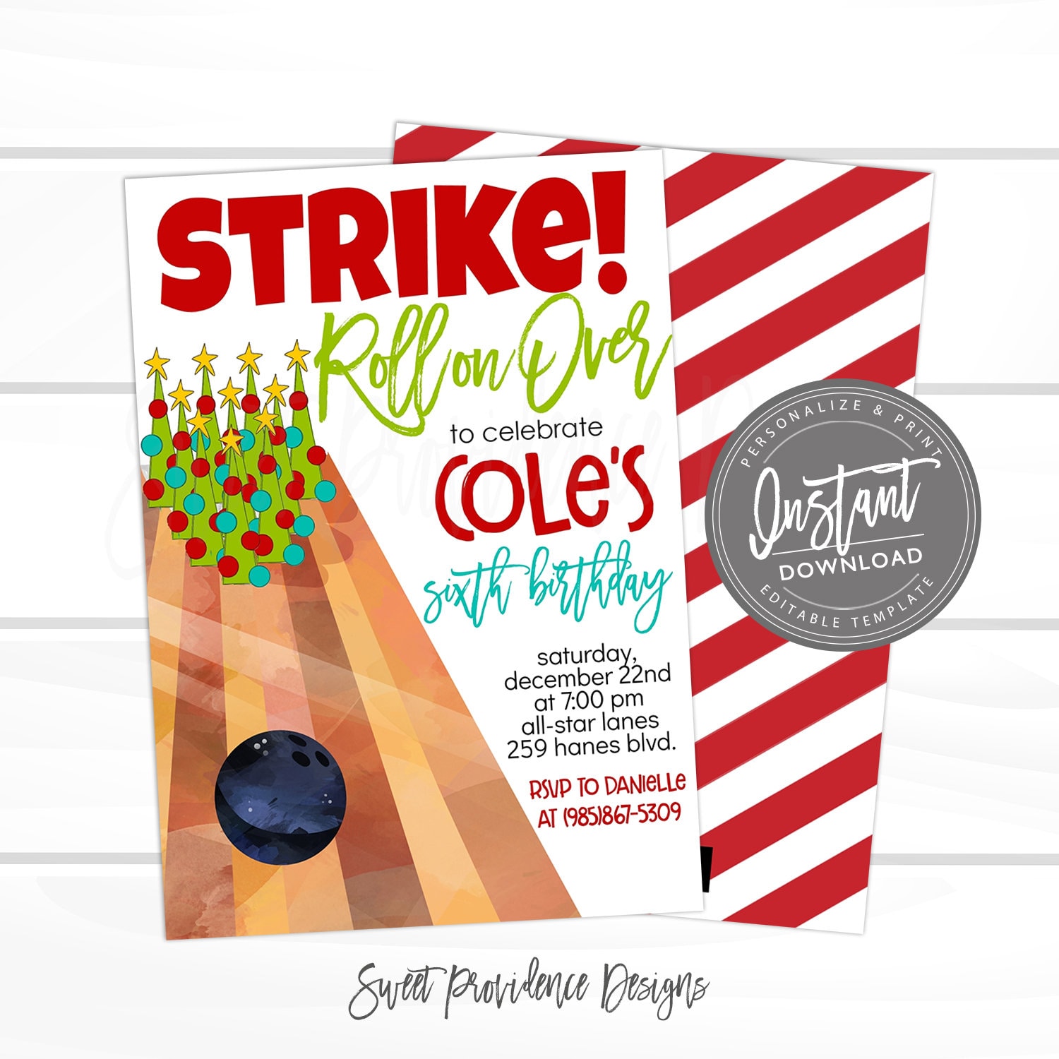 Christmas Bowling Invitation Bowling Birthday Party Invite Etsy