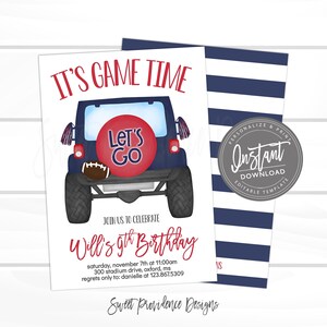 May include: A birthday invitation card featuring a navy blue off-road vehicle illustration with a red spare tire cover that says LET'S GO. The text reads IT'S GAME TIME, JOIN US TO CELEBRATE, Will's 9th Birthday, and event details. Includes a striped back.