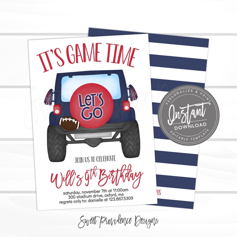 May include: A birthday invitation card featuring a navy blue off-road vehicle illustration with a red spare tire cover that says LET'S GO. The text reads IT'S GAME TIME, JOIN US TO CELEBRATE, Will's 9th Birthday, and event details. Includes a striped back.