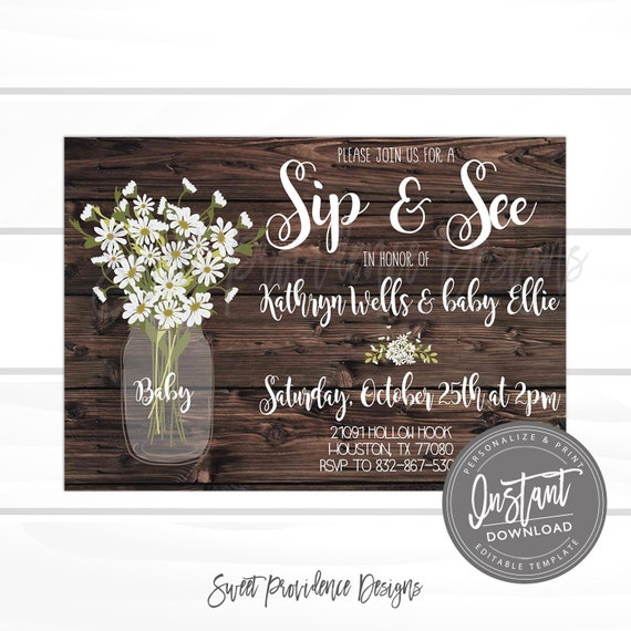 Sip & See invitation, Sip and See Shower Invitation, Rustic Baby Shower