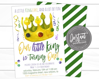 Mardi Gras Birthday Invitation, first birthday, Editable Birthday template, King Cake Party, Fat Tuesday Carnival,  Instant Access