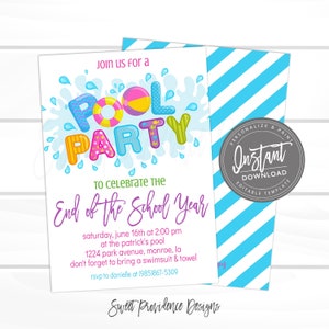 Pool Party Invitation, End of School Summer Pool Party Invite, Pool Invitation, Editable Birthday Invitation, Templett, Instant Access