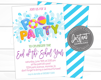 Pool Party Invitation, End of School Summer Pool Party Invite, Pool Invitation, Editable Birthday Invitation, Templett, Instant Access