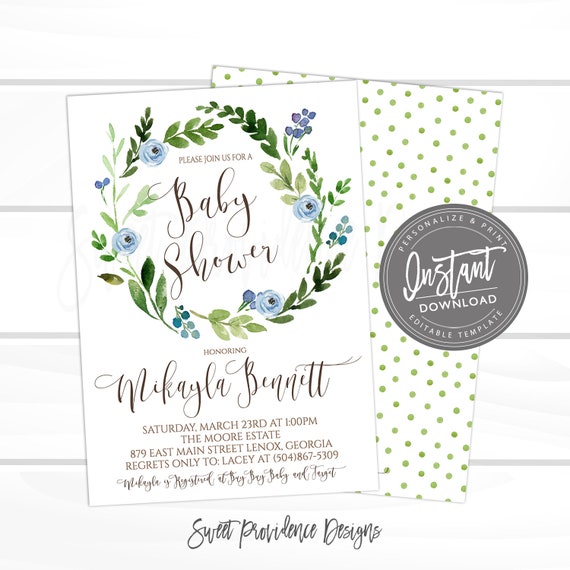 Baby Boy Shower Invitation, Watercolor Greenery Baby Shower invitation, Botanical Watercolor Invitation, EDITABLE Instant Access Il_570xn