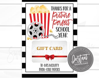 EDITABLE Teacher Gift Card Holder, Staff End of year, Movie Gift Card, INSTANT DOWNLOAD, Printable Teacher Appreciation Gift From Student