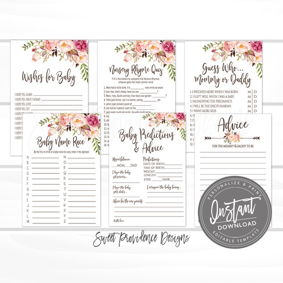 Floral Baby Shower Games Party Pack, Floral Printable Games, EDITABLE Floral baby game, Advice, baby wishes, , Instant Access Il_570xn