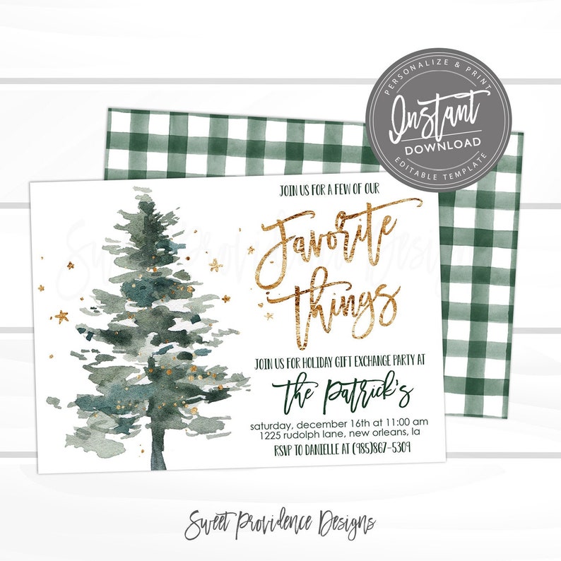 May include: A white invitation with a watercolor illustration of a green pine tree with gold glitter. The text reads "Join us for a few of our favorite things. Join us for holiday gift exchange party at The Patrick's Saturday, December 16th at 11:00 am 1225 Rudolph Lane, New Orleans, LA RSVP to Danielle at (985)867-5309 Sweet Providence Designs"