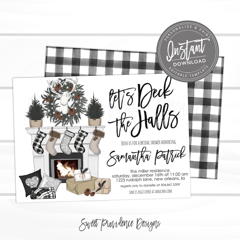 May include: A holiday-themed invitation with a black and white buffalo check pattern. The invitation features a fireplace with stockings, a deer head wreath, and the text "Let's Deck the Halls" inviting guests to a bridal shower.