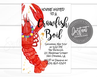May include: A watercolor illustration of a crawfish with Mardi Gras beads around its neck. The text reads "You're invited to a Crawfish Boil" and includes the date, time, location, and RSVP information.