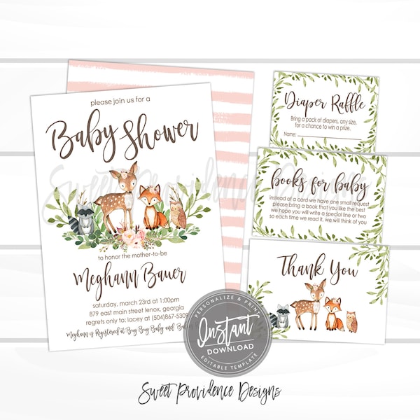 Woodland Baby Shower Invitation, Floral Baby Girl Shower Invite Kit, Editable Baby Shower Template, Instant Access - EDIT NOW