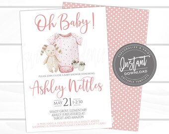 Baby Girl Shower Invitation, Editable Shower Girl Onesie invite, Pink Girl, Oh Baby, Onesie Invitation, Oh Baby!, Instant Access- Edit Now