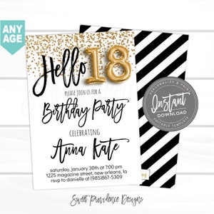May include: A black and white striped background with a white card overlayed on top. The card has a gold glitter background with gold foil number 18 balloons. The text on the card reads "Hello 18", "Please join us for a Birthday Party", "Celebrating Anna Kate", "Saturday, January 30th at 7:00 pm", "1225 Magazine Street, New Orleans, LA", "RSVP to Danielle at (985)867-5309", and "Sweet Providence Designs".