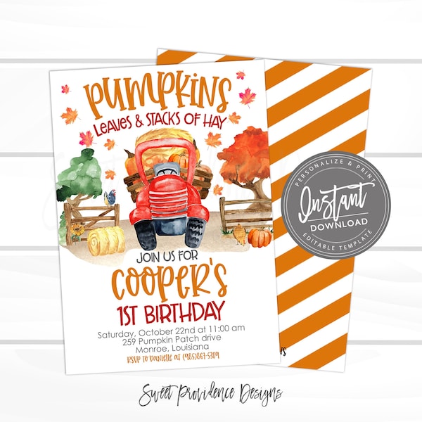 Fall Birthday Invitation, Pumpkin, Red Truck, Pumpkin Patch, Boy Girl Fall Invite, Editable Birthday Invitation Template, Instant Download