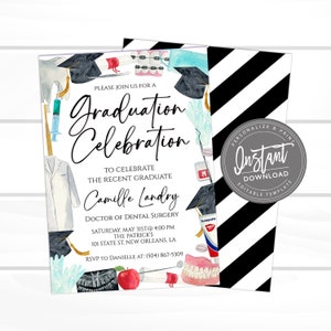 Puede incluir: Una invitación de graduación para un graduado en cirugía dental. La invitación presenta una ilustración de acuarela de herramientas dentales, un gorro de graduación y una bata de laboratorio blanca. El texto dice "Por favor, únase a nosotros para una celebración de graduación para celebrar al reciente graduado Camille Landry Doctor en Cirugía Dental Sábado, 31 de mayo a las 4:00 PM The Patrick's 101 State St. New Orleans, LA RSVP a Danielle al: (504) 867-5309".