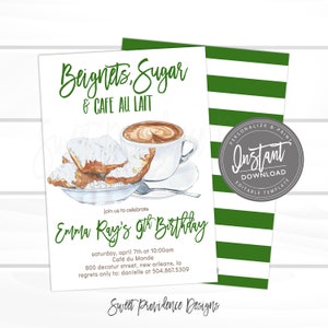 May include: A green and white striped background with a white card featuring a watercolor illustration of beignets and a cup of cafe au lait. The text on the card reads "Beignets, Sugar & Cafe Au Lait" and "Emma Ray's 9th Birthday". The card also includes details for the birthday party, including the date, time, location, and contact information.