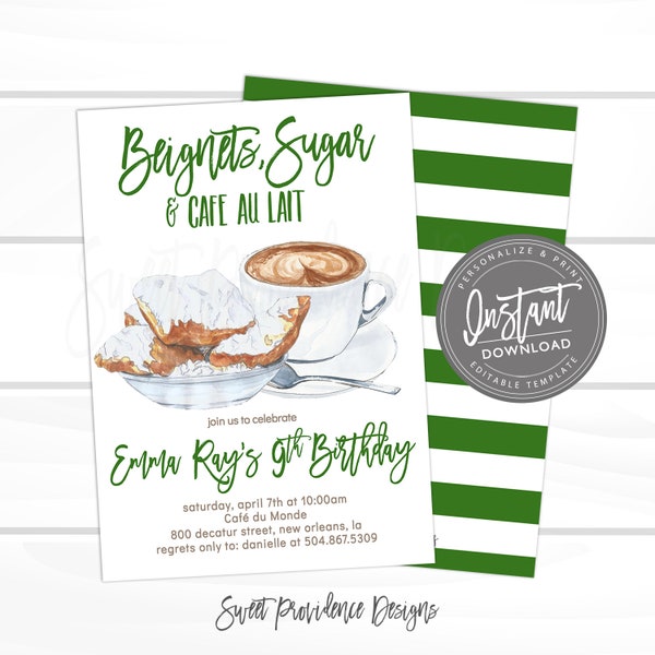 Beignet Invitation, New Orleans Birthday Invitation, NOLA, Coffee & donuts invitation, Editable Birthday Invite, , Instant Access