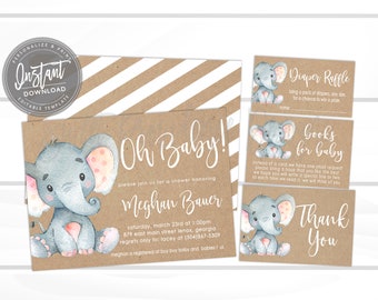 Elephant Baby Shower Invitation Kit, Pink Safari Elephant Invitation, Editable invitation, Grey Baby Elephant Invitation, Instant Access