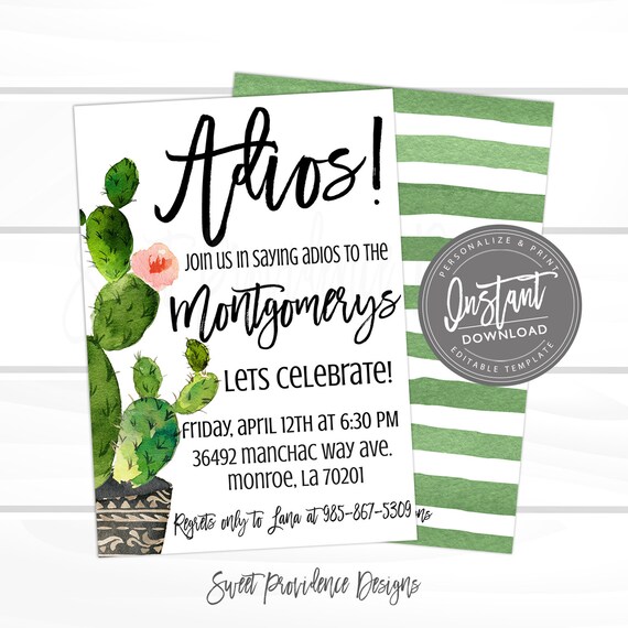 Going Away Party Invite, Adios Farewell Party Invitation, Succulent Cactus Bon Voyage Moving Invitation, EDITABLE Instant Access- Edit Now Il_570xn