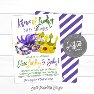 Pode incluir: Um convite para um ch&aacute; de beb&ecirc; com tema Mardi Gras, em roxo e dourado. O convite apresenta uma m&aacute;scara roxa com penas e uma coroa dourada. O texto diz "Krewe of Landry Baby Shower" e "Junte-se a n&oacute;s para celebrar Elise Landry & Baby!"