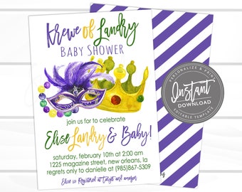 Mardi Gras Baby Shower Invitation, Editable Baby Shower template, Gender Neutral baby shower invite, Fat Tuesday,  Instant Access