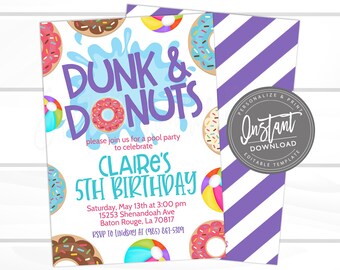 Donut Birthday Invitation, Dunk and Donuts Invite, Editable Pool Birthday, Sibling Party template, Printable Instant Access- Edit NOW