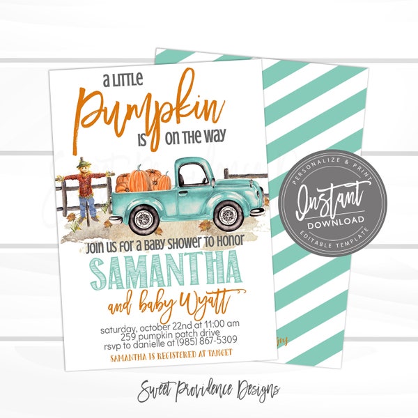 Fall Baby Shower Invitation, Pumpkin, Vintage Truck, Mint Boy Pumpkin Fall Invite, Editable Baby Shower Invitation Template Instant Download