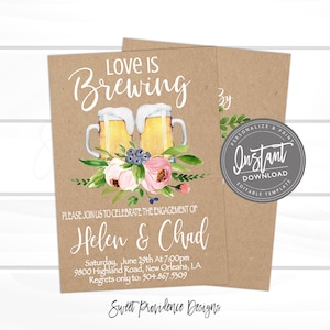 May include: A kraft paper engagement party invitation with a watercolor illustration of two beer mugs, pink and white flowers, and blueberries. The text reads "Love is Brewing" and includes the couple's names, Helen and Chad, the date, time, and location of the party. The invitation also includes the text "Personalize & Print Instant Download Editable Template".