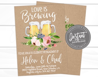 Love is Brewing Invitation, Co-Ed Bridal Beer Invitation, Couples Shower, Engagement Party, Stock the Bar Party, Printable Instant Access