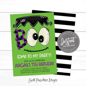May include: A green birthday invitation card featuring a Frankenstein-inspired character with the text HEY BOO, COME TO MY PARTY! join us to celebrate ABIGAIL'S 7TH BIRTHDAY, saturday, october 29th at 11:00am, 1234 sweet providence drive, monroe, la.