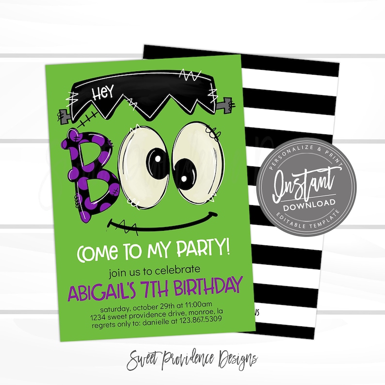 May include: A green birthday invitation card featuring a Frankenstein-inspired character with the text HEY BOO, COME TO MY PARTY! join us to celebrate ABIGAIL'S 7TH BIRTHDAY, saturday, october 29th at 11:00am, 1234 sweet providence drive, monroe, la.