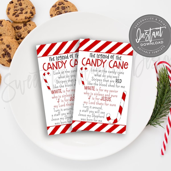 Legend of the Candy Cane Christmas Tag, DIY Christmas Tag, Candy Cane Tag, Editable Holiday Favor Hang Tag, Christmas Hang Tags, Gift Tag