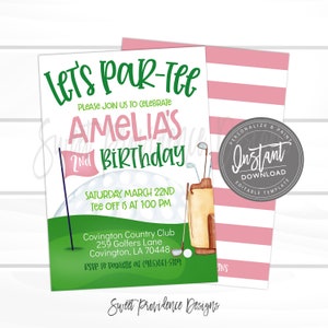 Golf Birthday Invitation, Let's Par-Tee, Editable pink golf party, Girls Sports Birthday Invitation, Top Printable Instant Access EDIT NOW image 1