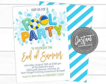 End of Summer Pool Party Invitation, Back to School Pool Party Invite, Pool Invitation, Editable Birthday Invite, Instant Access,EDIT NOW