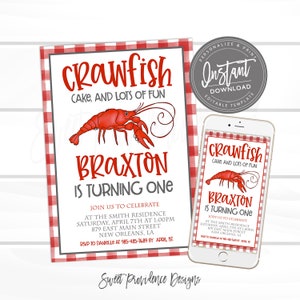 Crawfish Boil First Birthday Invitation, Editable Kids Crawfish Boil Birthday Invite, Any age boy girl invite, Printable Instant Access Edit