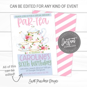 Pode incluir: Um convite imprim&iacute;vel para uma festa de ch&aacute; de anivers&aacute;rio virtual. O design apresenta uma chaleira e uma x&iacute;cara de ch&aacute; em aquarela com rosas cor-de-rosa. O convite inclui o texto "Par-Tea" e "Caroline's sixth birthday". O fundo &eacute; branco com listras rosa.