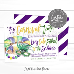Pode incluir: Convite para um Potluck de Bolo Rei para o Mardi Gras. O convite apresenta uma ilustração em aquarela de um Bolo Rei nas cores roxo, verde e dourado. O texto diz "É tempo de Carnaval! Junte-se a nós para nosso 2º Potluck anual de Bolo Rei @ The Bordelon's Sábado, 10 de fevereiro às 11:00 1225 Magazine Street, Nova Orleans, LA RSVP para Kimberly no (985) 867-5309 Sweet Providence Designs"
