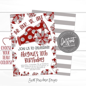 May include: A birthday party invitation with a cheerleading theme. The invitation features a red megaphone with grey accents and pom-poms. Text includes "Join us to celebrate Abigail's 10th Birthday" and event details. The design includes the text "Choose Your Team Colors!"