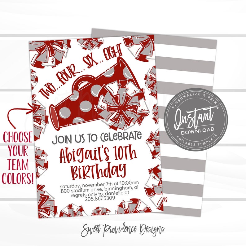 May include: A birthday party invitation with a cheerleading theme. The invitation features a red megaphone with grey accents and pom-poms. Text includes "Join us to celebrate Abigail's 10th Birthday" and event details. The design includes the text "Choose Your Team Colors!"