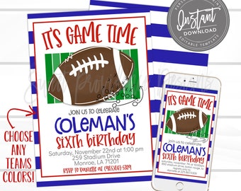Football Invitation, Editable Team Colors, Editable Birthday Boy It's Game Time football tailgate theme party template, Instant Access