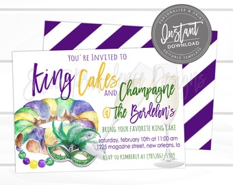 May include: Invitation to a King Cake and Champagne party at the Bordelon's. The invitation features a watercolor illustration of a King Cake, a Mardi Gras mask, and two champagne flutes. The text reads "You're invited to King Cakes and Champagne @ the Bordelon's. Bring your favorite King Cake. Saturday, February 10th at 11:00 am. 1225 Magazine Street, New Orleans, LA. RSVP to Kimberly at (985)867-5309. Sweet Providence Designs."