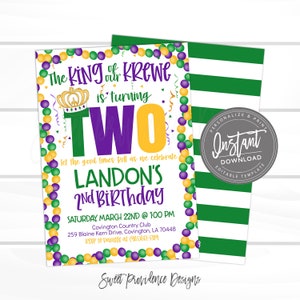 May include: A Mardi Gras themed birthday invitation for a two-year-old boy named Landon. The invitation features a purple, green, and gold colour scheme with a crown, beads, and the text "The King of our Krewe is turning Two".