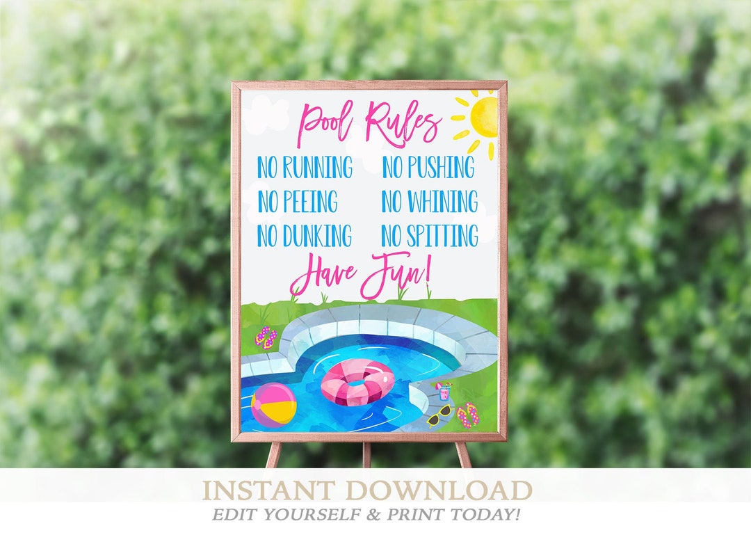 Pool Rules Sign, Personalized Pool Party Rules Sign, Editable Printable