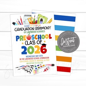 Preschool Graduation Party Invitation, Grad Party invite, Class of 2026, Editable Announcement Invitation, Decor Printable Instant Access image 1