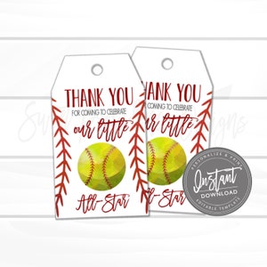 Softball Printable Gift Tag, Thanks You Softball Party Favor Tag, All Star, Summer Tag Printable, Party Favor, Instant Access - Edit Now image 1