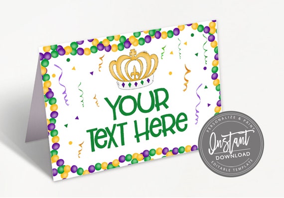 Mardi Gras Food Tent, Editable Name Place Cards, Mardi Gras Folded tent name card, King Cake Crown Printable Template, Instant Access Il_570xn