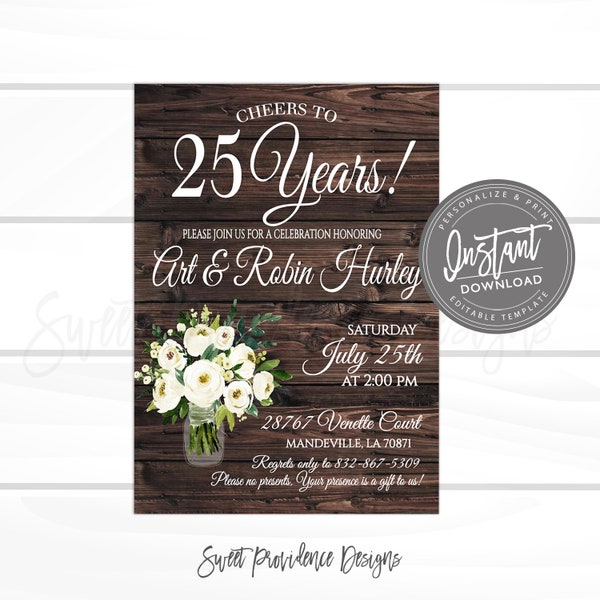 25th Anniversary invitation, Anniversary Party Invitation, DIY Rustic Anniversary Invite, Editable template, Instant Access,