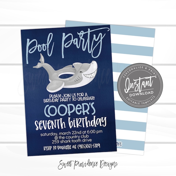Shark Birthday Invitation, Waterslide Birthday Invite, Boys Birthday Party, Summer Birthday Pool Party, Editable template INSTANT ACCESS Il_570xn