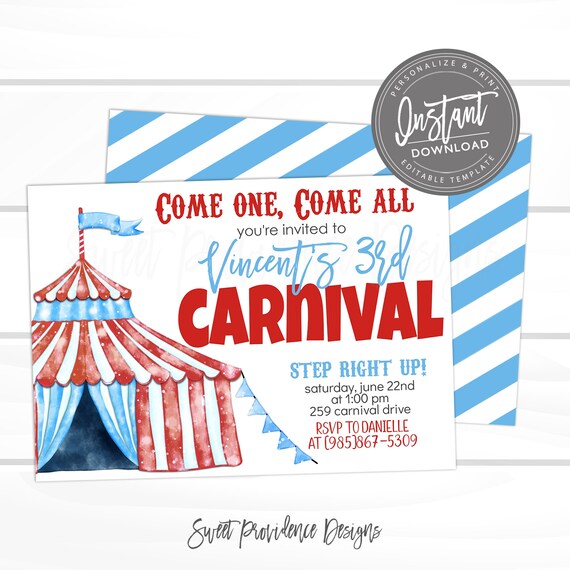 Carnival Invitations, Red Carnival Theme Party, Boy Circus Birthday Invitation, Carnival Ticket, Carnival Party, INSTANT ACCESS - Edit NOW Il_570xn