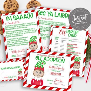 May include: Festive Christmas stationery set with elf designs and red and white striped borders. Includes an "Elf Report Card", adoption certificate, and message cards, accompanied by chocolate chip cookies.
